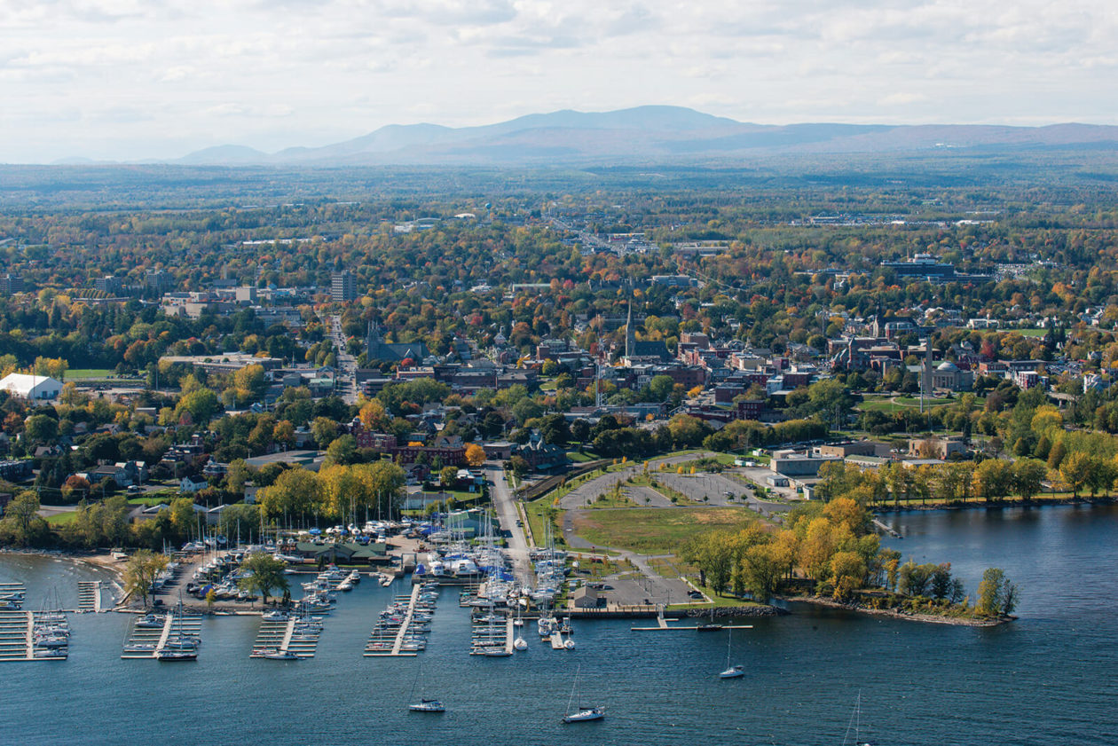 Aerial view of college campus on the waterfront.
