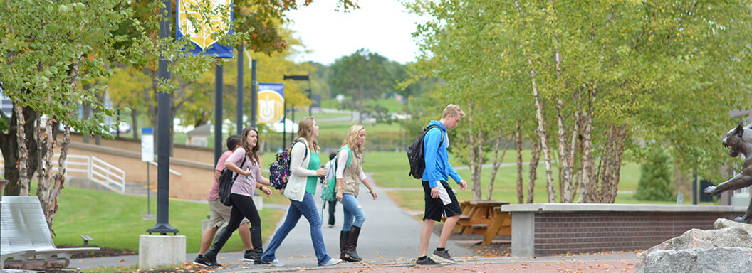 Students walking down a brick path on college campus.
